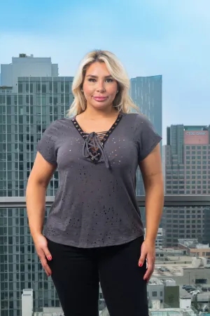 Plus Size Cut Out  Short Sleeve V-Neck Lace Up Top* (Z9143)