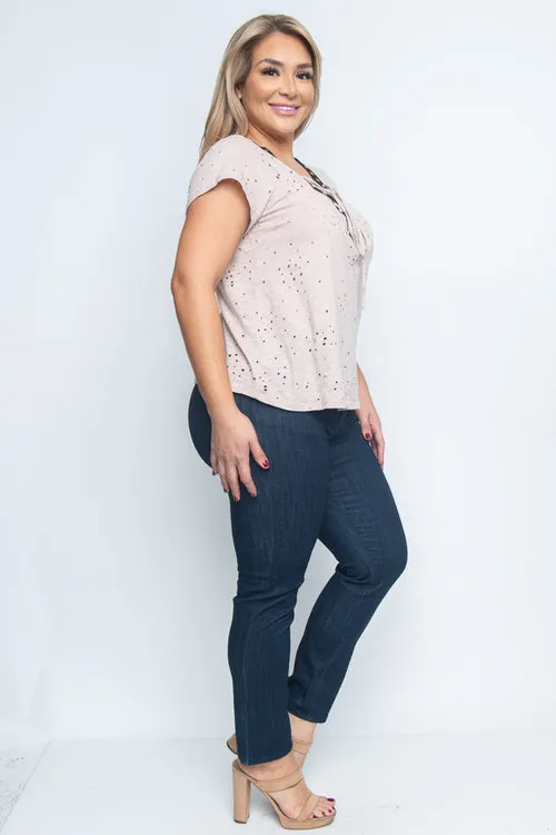 Plus Size Cut Out  Short Sleeve V-Neck Lace Up Top* (Z9143)