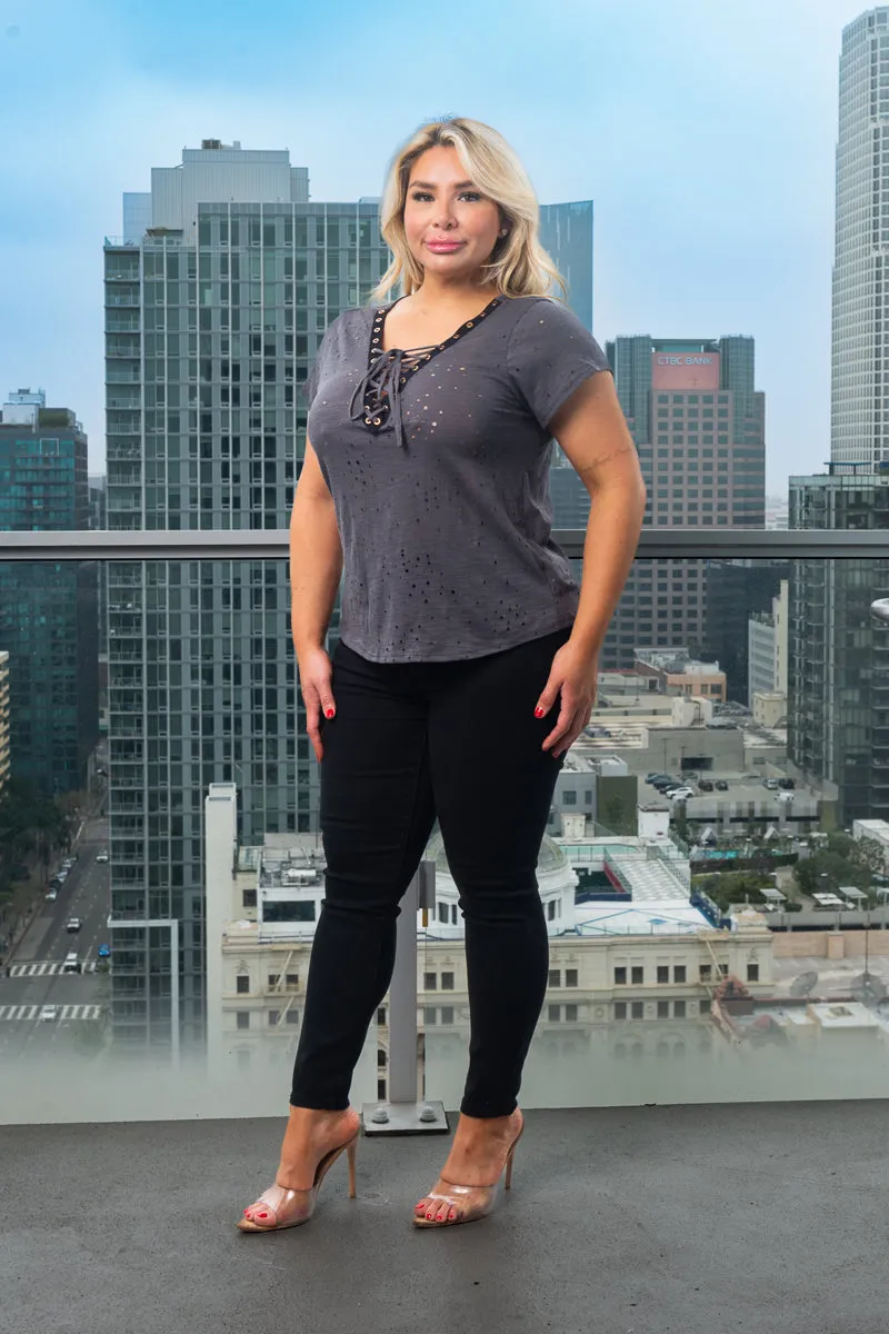 Plus Size Cut Out  Short Sleeve V-Neck Lace Up Top* (Z9143)