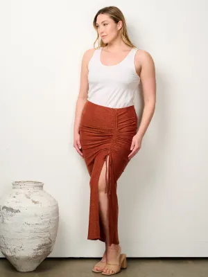 PLUS SIZE ELASTIC WAISTBAND FRONT RUCHED SHIMMER MAXI SKIRT
