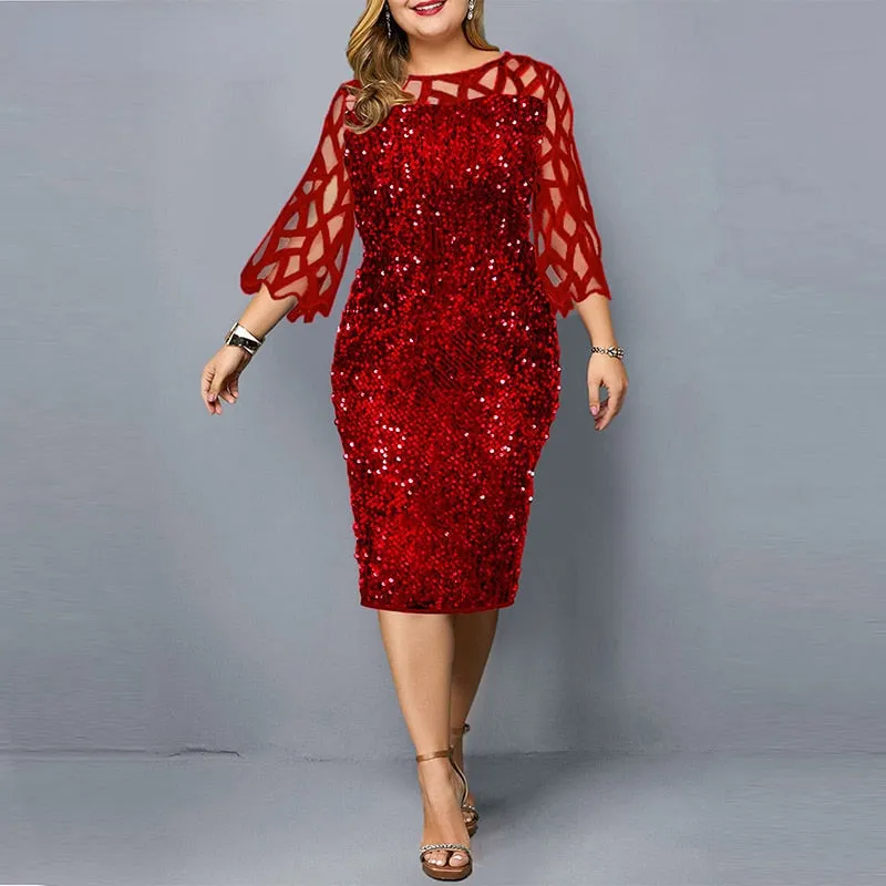 Plus Size Elegant Sexy Sequin Midi Sparkly Dress