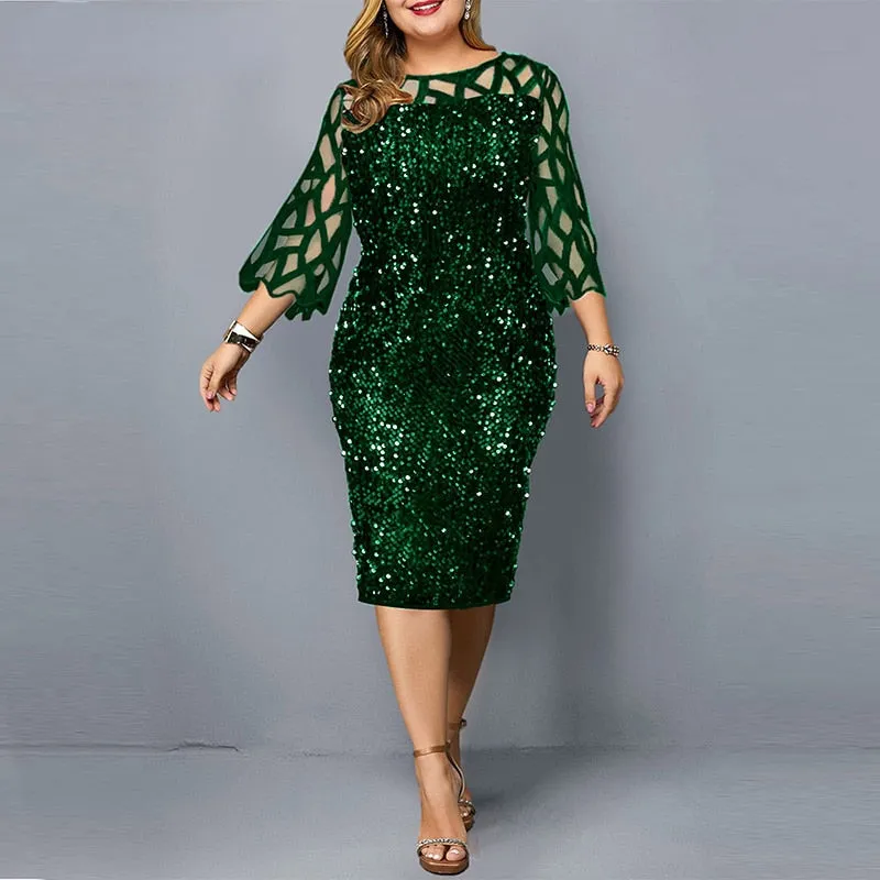 Plus Size Elegant Sexy Sequin Midi Sparkly Dress