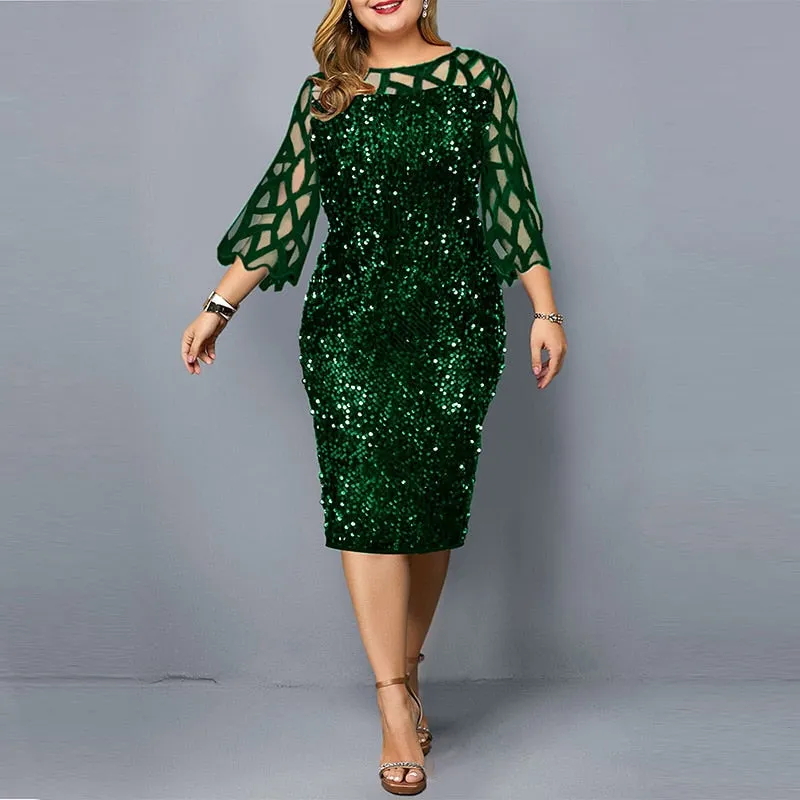 Plus Size Elegant Sexy Sequin Midi Sparkly Dress