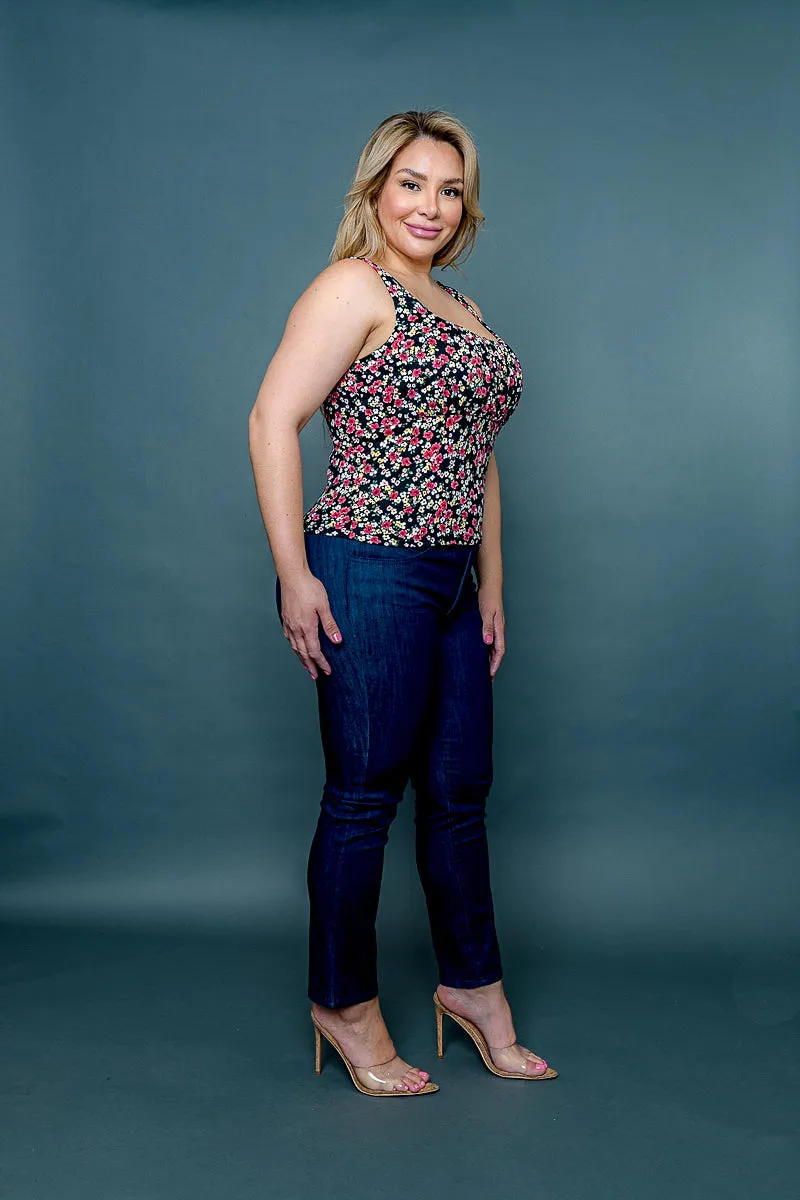 Plus Size Floral Print Square Neck Empire Bust Fitted Tank Top (ZA3973B)