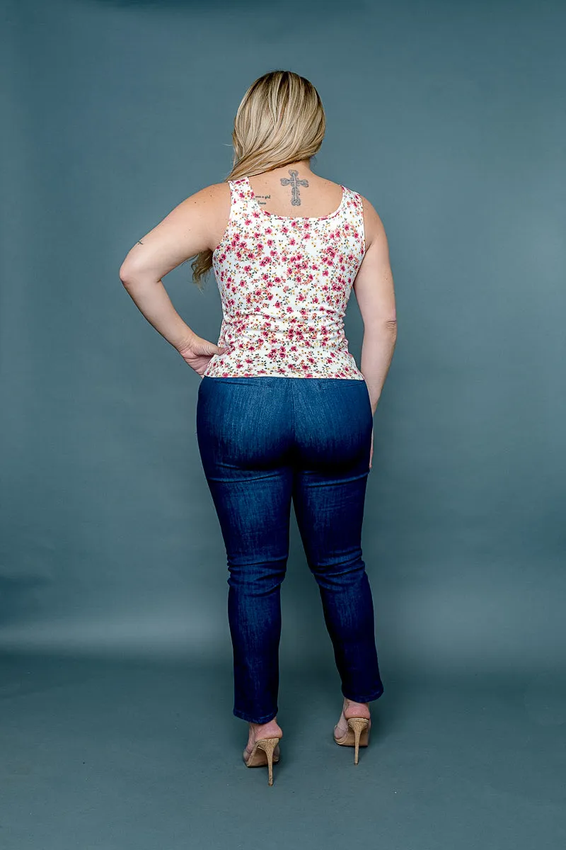 Plus Size Floral Print Square Neck Empire Bust Fitted Tank Top (ZA3973B)