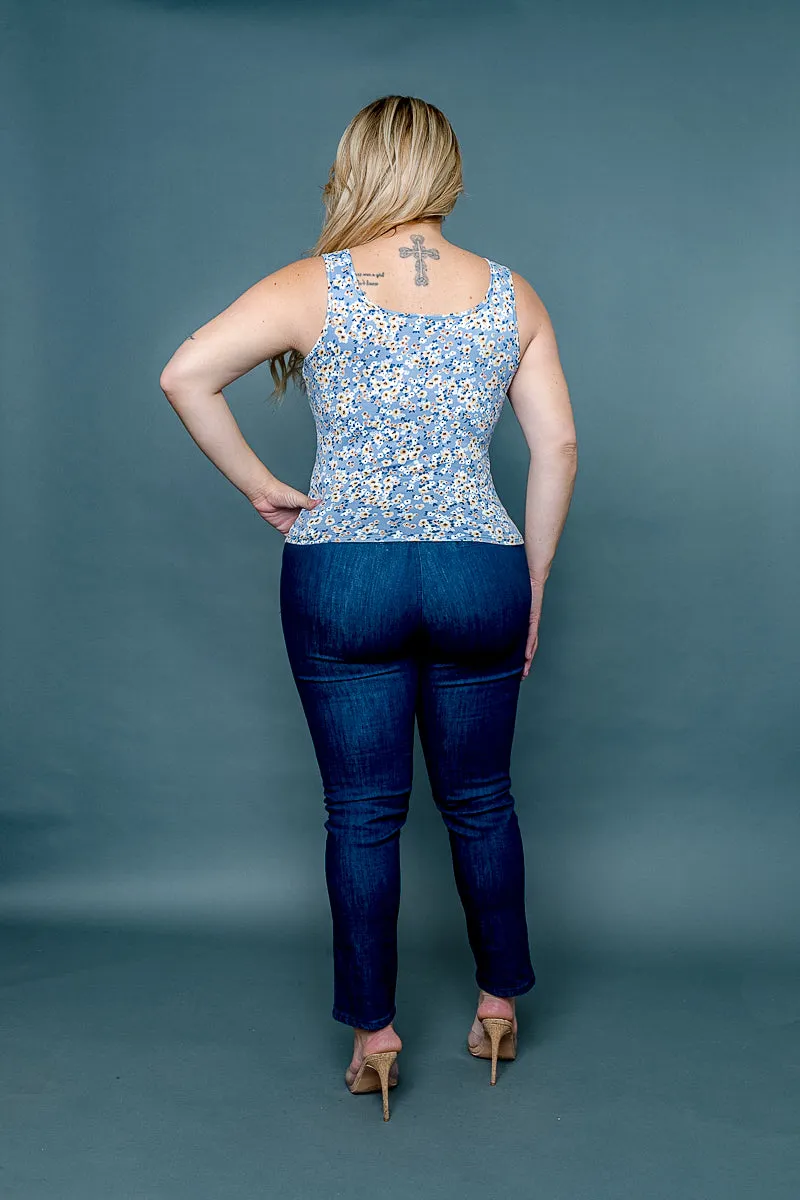 Plus Size Floral Print Square Neck Empire Bust Fitted Tank Top (ZA3973B)