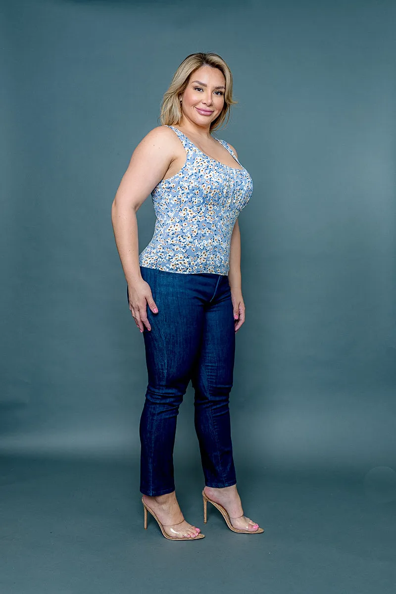 Plus Size Floral Print Square Neck Empire Bust Fitted Tank Top (ZA3973B)