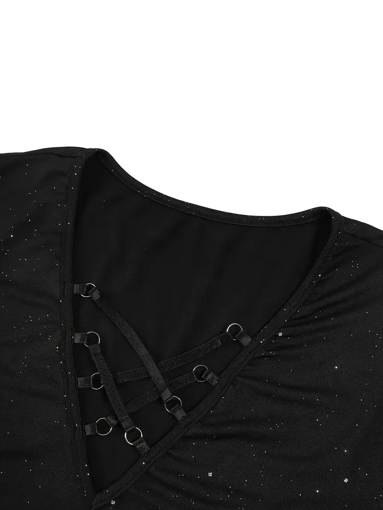 Plus Size Glitter Criss Cross Deep V Neck Long Sleeve