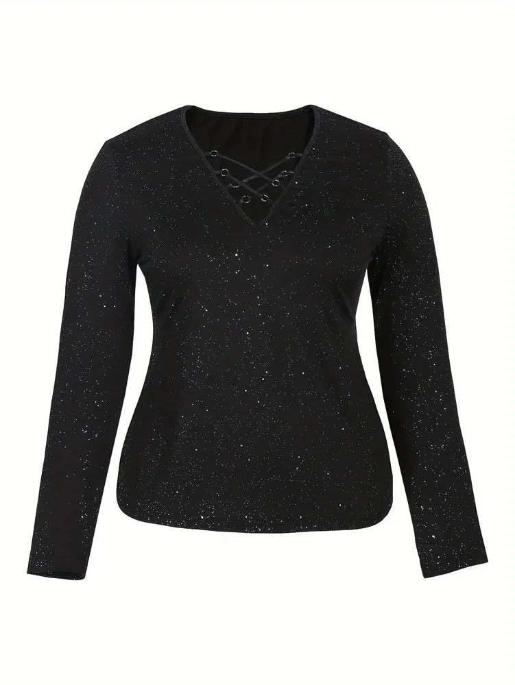 Plus Size Glitter Criss Cross Deep V Neck Long Sleeve