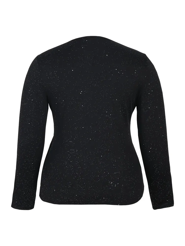 Plus Size Glitter Criss Cross Deep V Neck Long Sleeve
