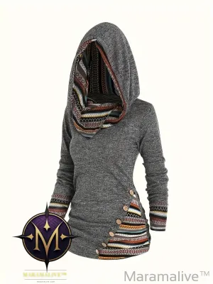 Plus Size Retro Top, Women's Plus Colorblock Geometric Print Hooded Long Sleeve Button Decor Slim Fit Slight Stretch Top