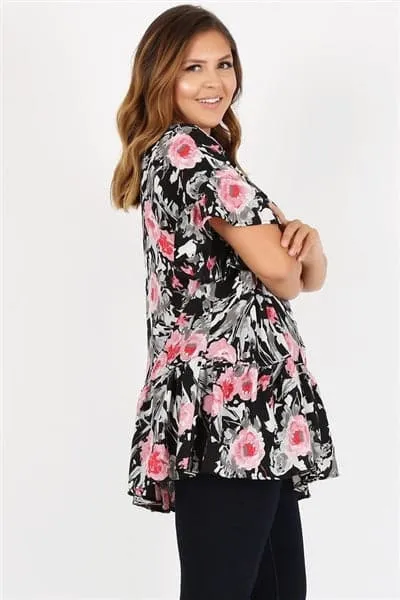 Plus Size Ruffle Floral Tunic Top Black Pink - Pack of 6