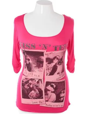 Plus Size Sexy Kiss Me Graphic Pink Top