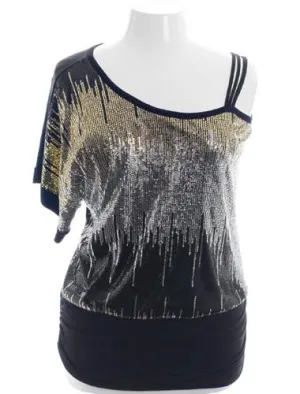 Plus Size Sparkling Gold Silver One Shoulder Top