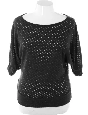Plus Size Sparkling Knit See Through Black Top