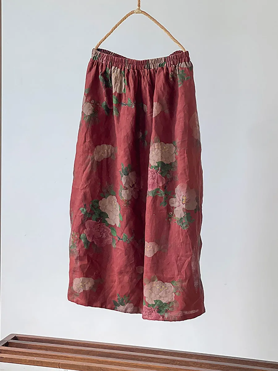 Plus Size Women Summer Vintage Flower Loose Linen Skirt
