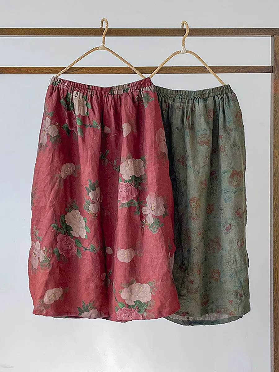 Plus Size Women Summer Vintage Flower Loose Linen Skirt