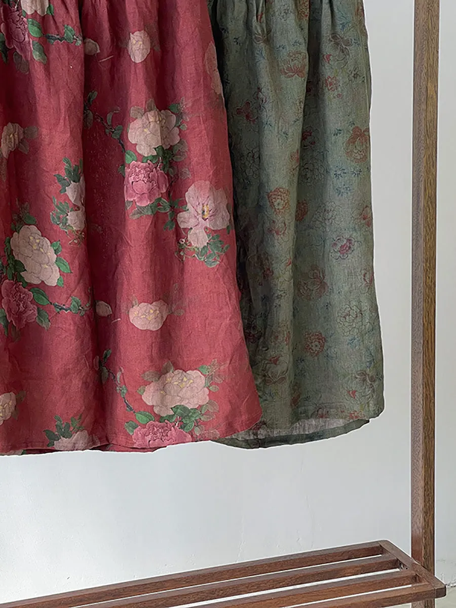 Plus Size Women Summer Vintage Flower Loose Linen Skirt