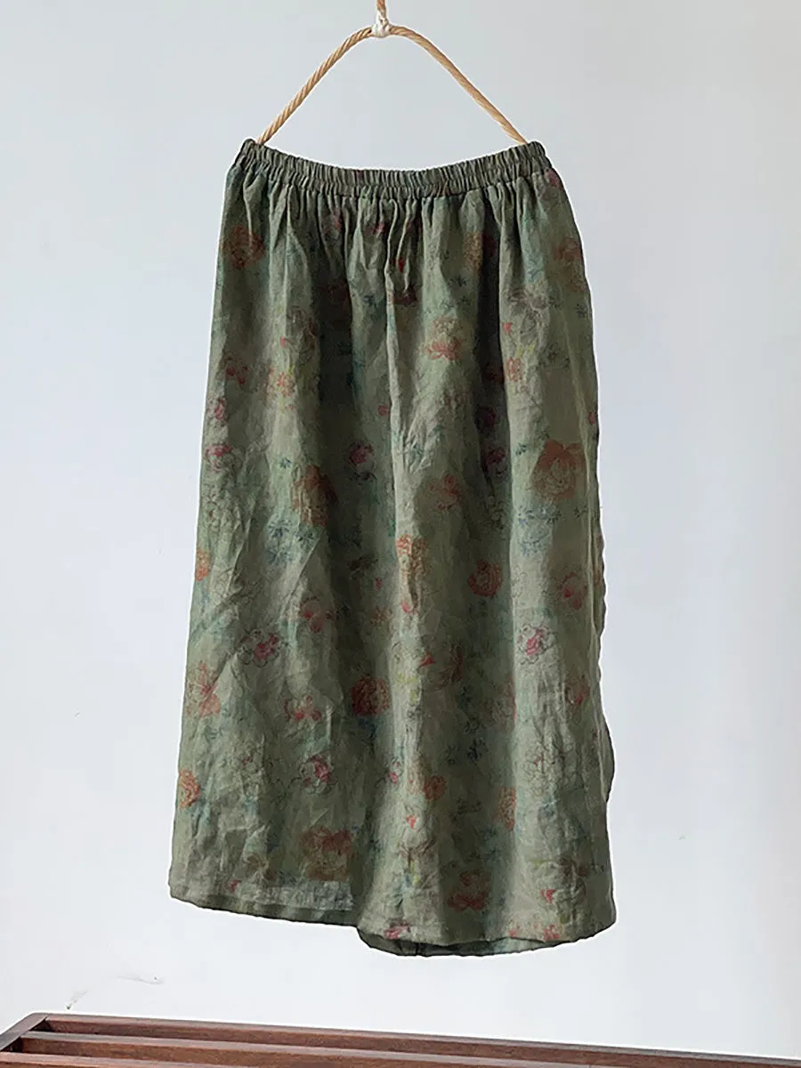 Plus Size Women Summer Vintage Flower Loose Linen Skirt