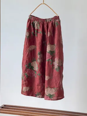 Plus Size Women Summer Vintage Flower Loose Linen Skirt