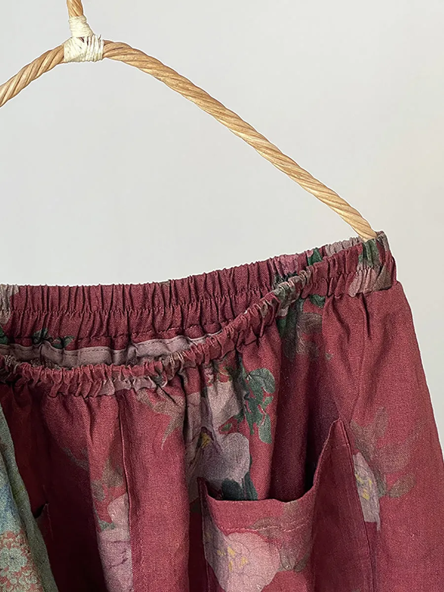 Plus Size Women Summer Vintage Flower Loose Linen Skirt
