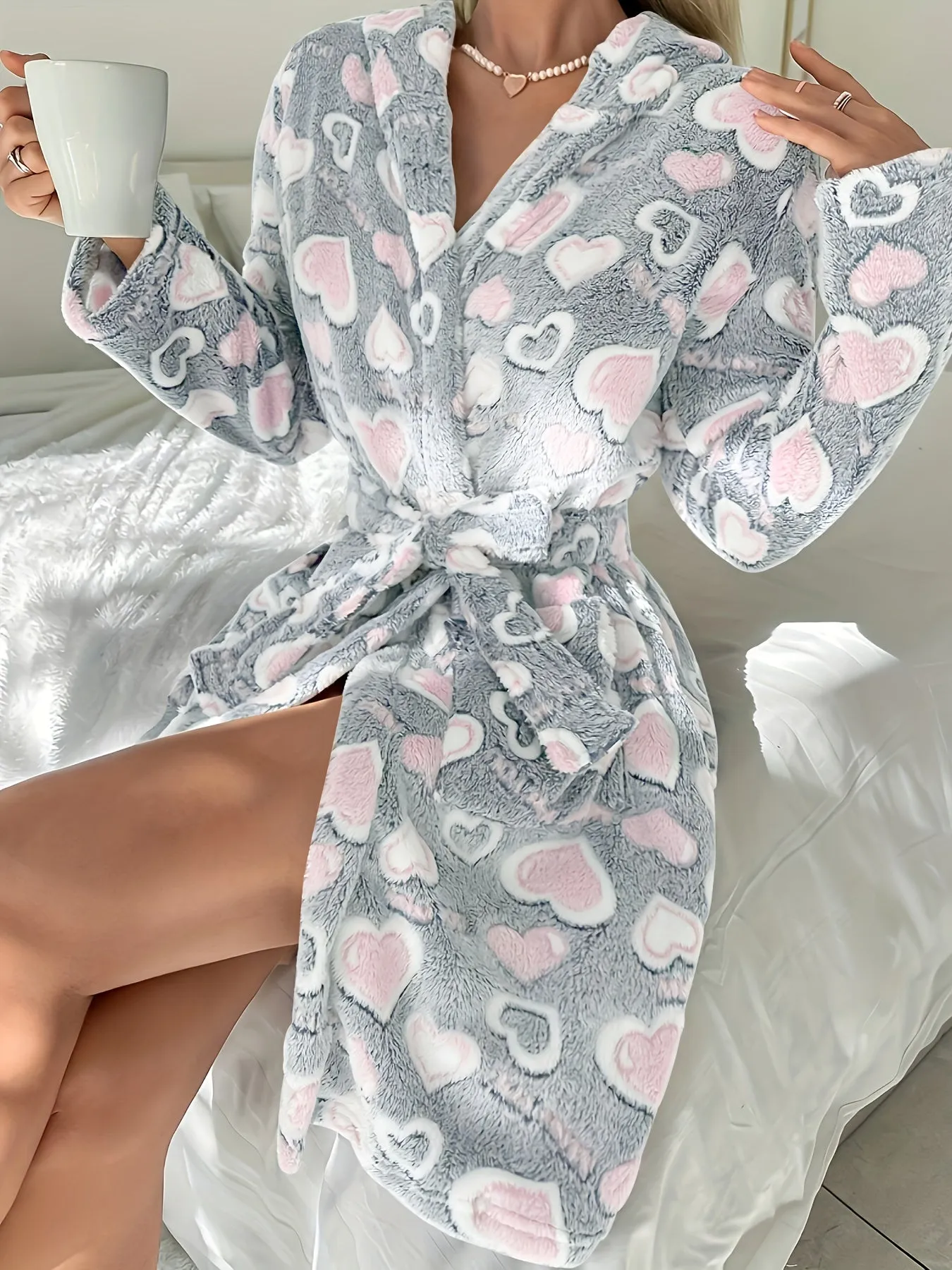 Plus Size Womens Cozy Heart Pattern Flannel Robe - Soft V-Neck, Long Sleeve, Belted, Plush, Slight Stretch, Warm, and Perfect for Winter Nights