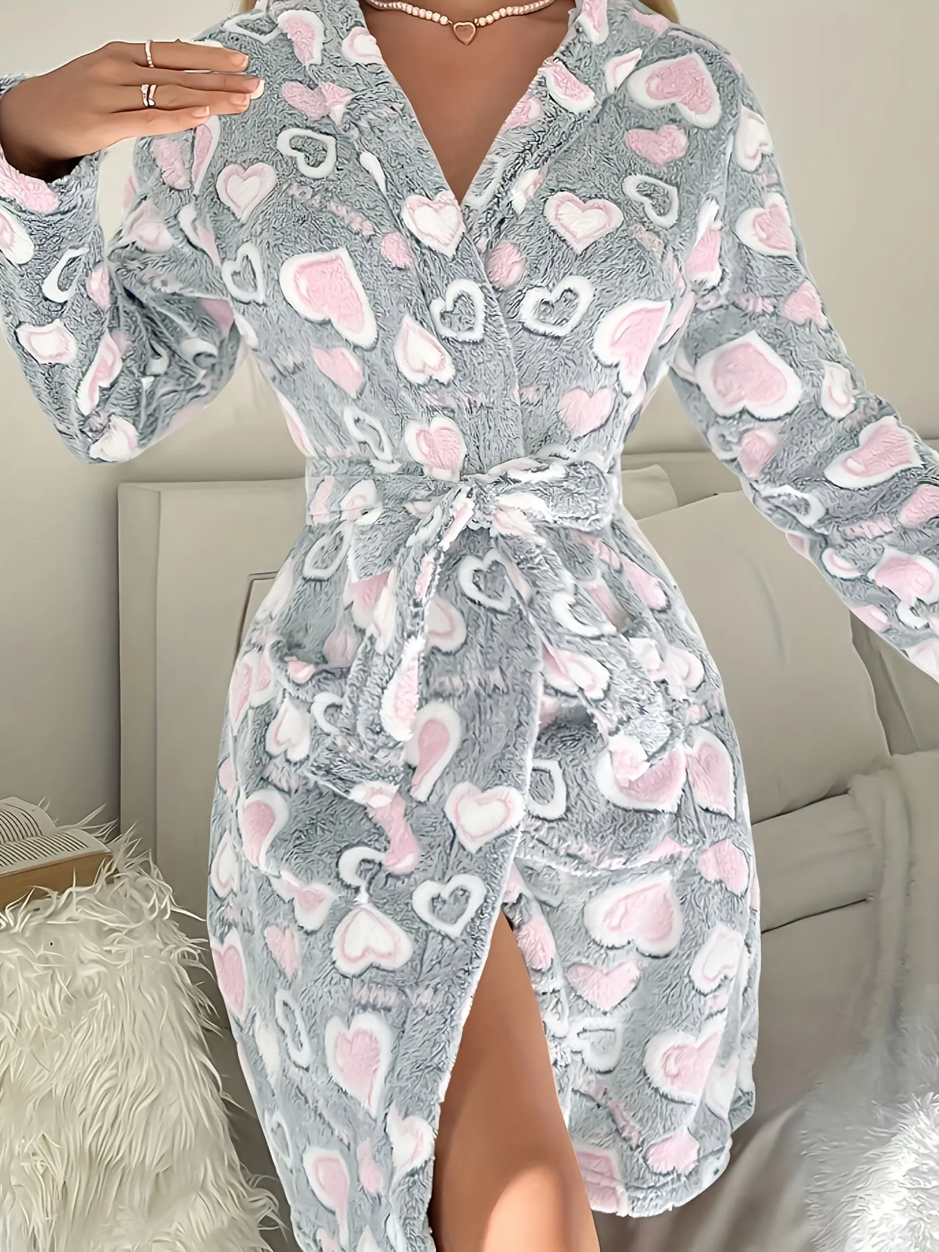 Plus Size Womens Cozy Heart Pattern Flannel Robe - Soft V-Neck, Long Sleeve, Belted, Plush, Slight Stretch, Warm, and Perfect for Winter Nights
