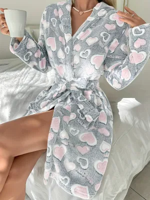 Plus Size Womens Cozy Heart Pattern Flannel Robe - Soft V-Neck, Long Sleeve, Belted, Plush, Slight Stretch, Warm, and Perfect for Winter Nights