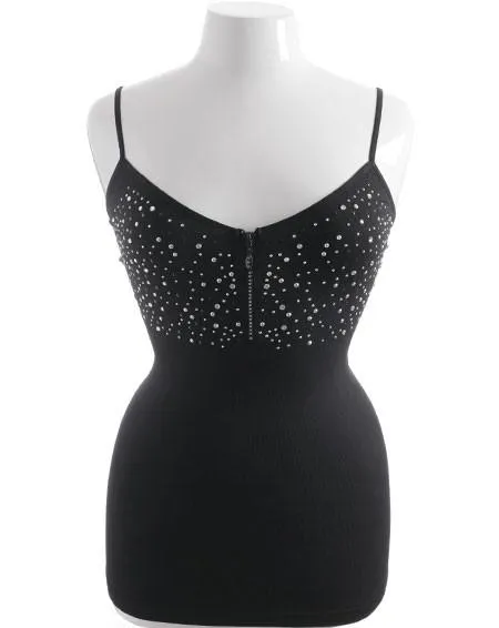 Plus Size Zipper Bedazzled Black Tank Top