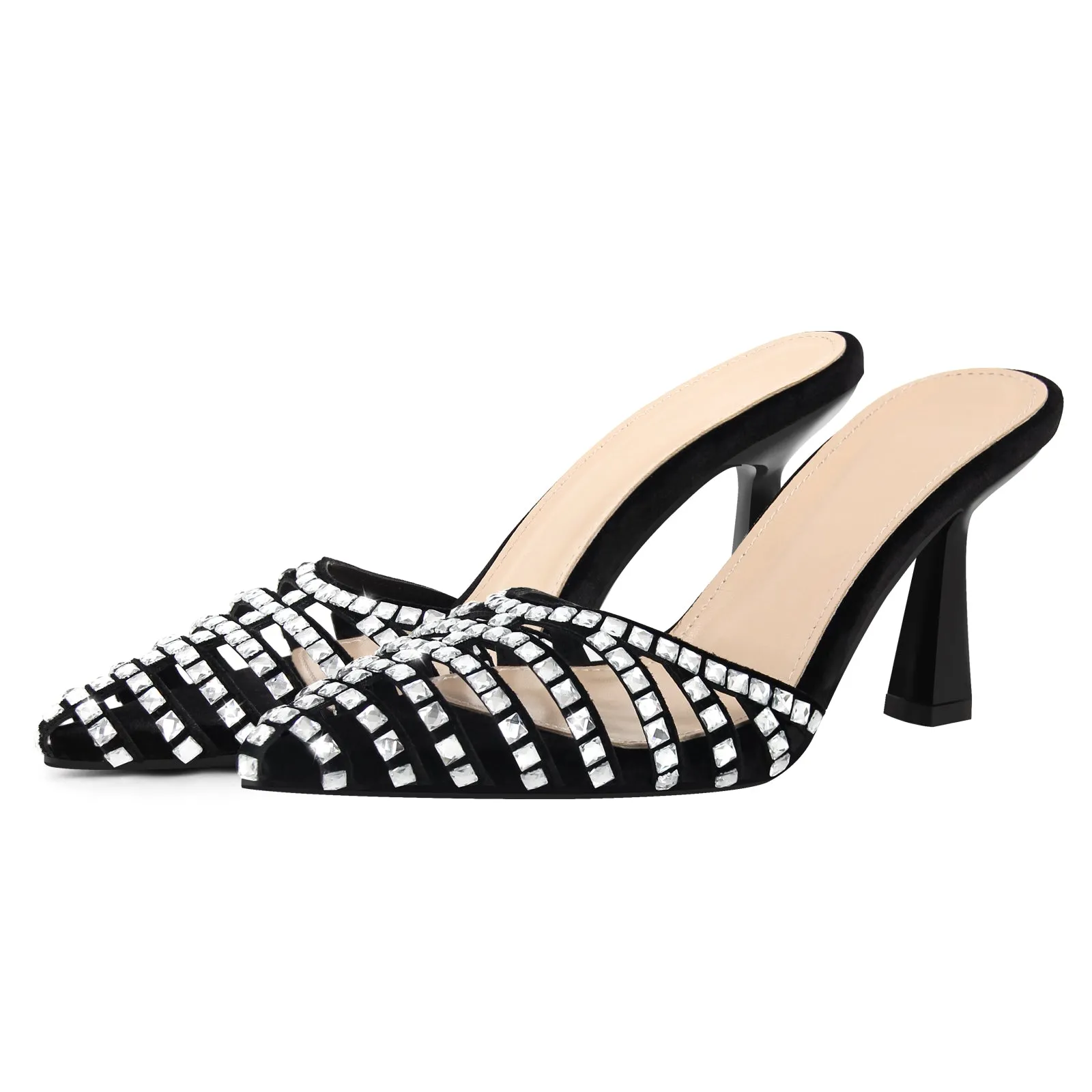 Pointed Toe Rhinestone Hollow Mules