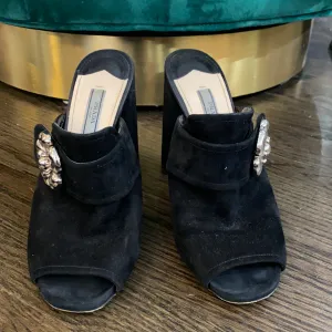 Prada Suede Black Open Toed Mules with Silver Flower on Front