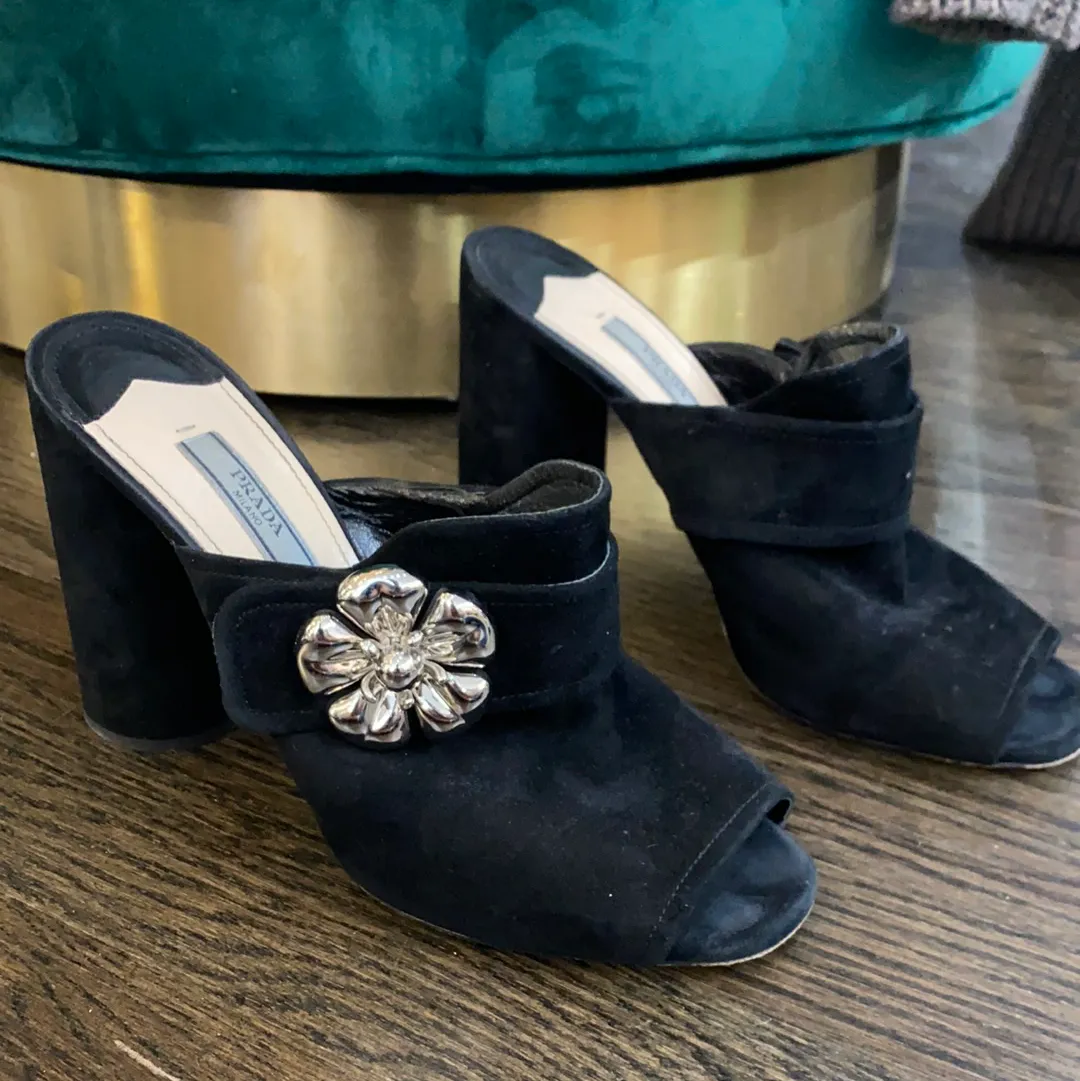 Prada Suede Black Open Toed Mules with Silver Flower on Front