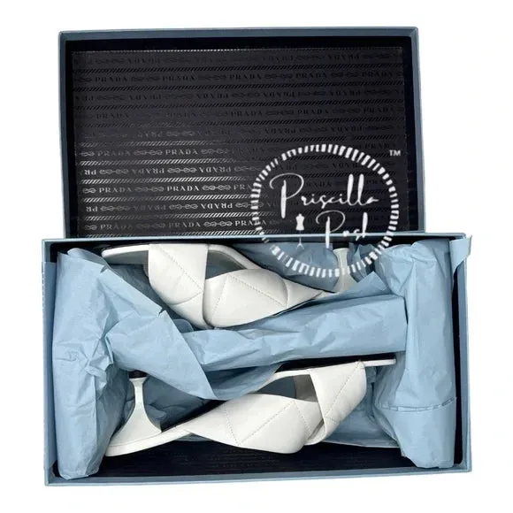 Prada White Leather Criss Cross Mule Sandals Heels Quilted Leather Kitten Heel