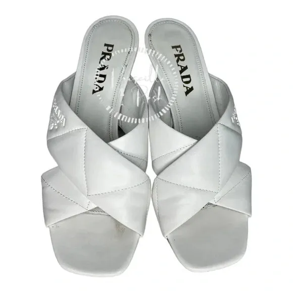 Prada White Leather Criss Cross Mule Sandals Heels Quilted Leather Kitten Heel