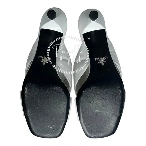 Prada White Leather Criss Cross Mule Sandals Heels Quilted Leather Kitten Heel
