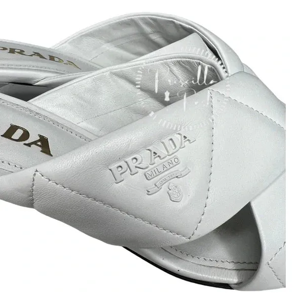 Prada White Leather Criss Cross Mule Sandals Heels Quilted Leather Kitten Heel