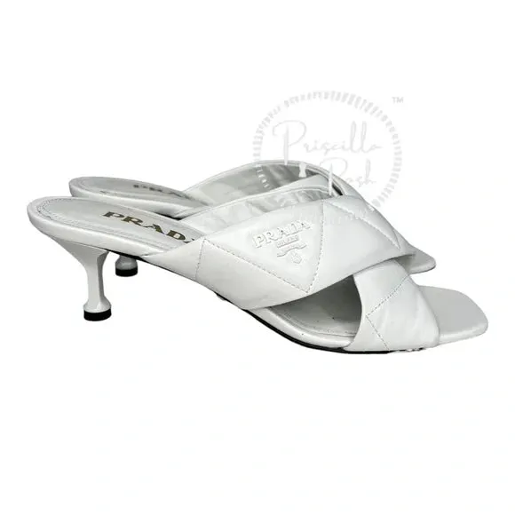 Prada White Leather Criss Cross Mule Sandals Heels Quilted Leather Kitten Heel