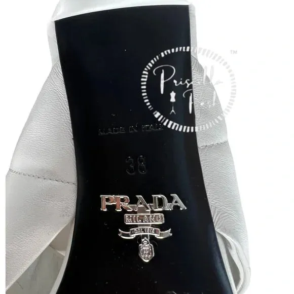 Prada White Leather Criss Cross Mule Sandals Heels Quilted Leather Kitten Heel