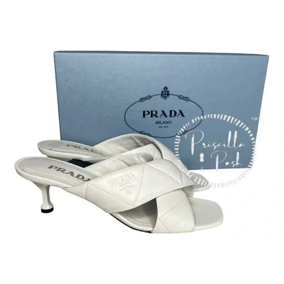 Prada White Leather Criss Cross Mule Sandals Heels Quilted Leather Kitten Heel