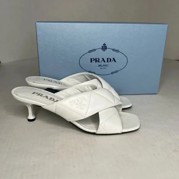 Prada White Leather Criss Cross Mule Sandals Heels Quilted Leather Kitten Heel