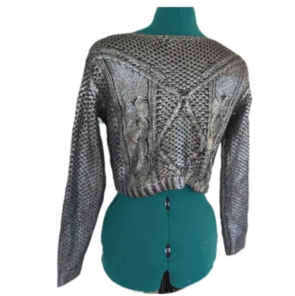 Preloved Lucy Paris Silver Foil Metallic Woven Crop Sweater Sz S