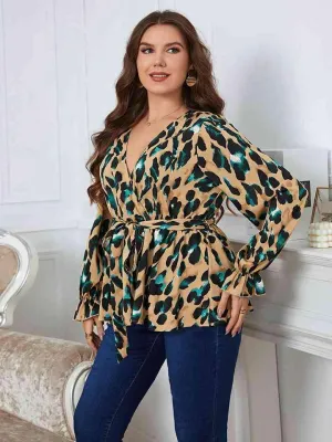Printed Tie Waist Flounce Sleeve Blouse
