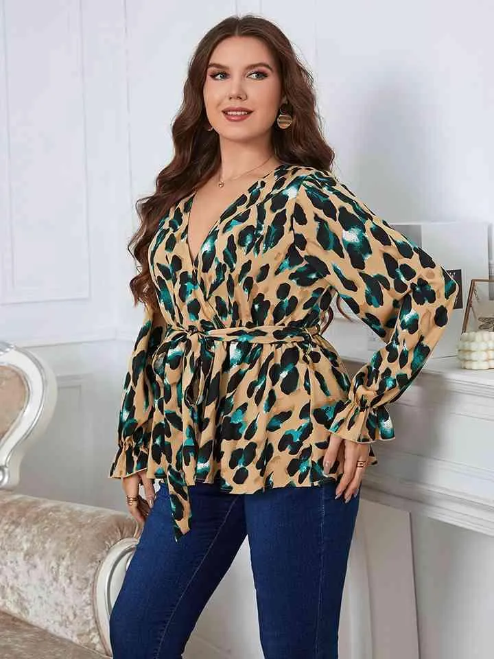 Printed Tie Waist Flounce Sleeve Blouse