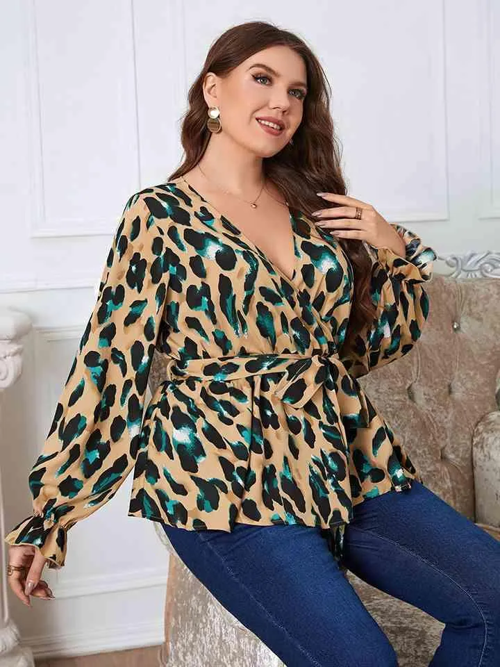Printed Tie Waist Flounce Sleeve Blouse