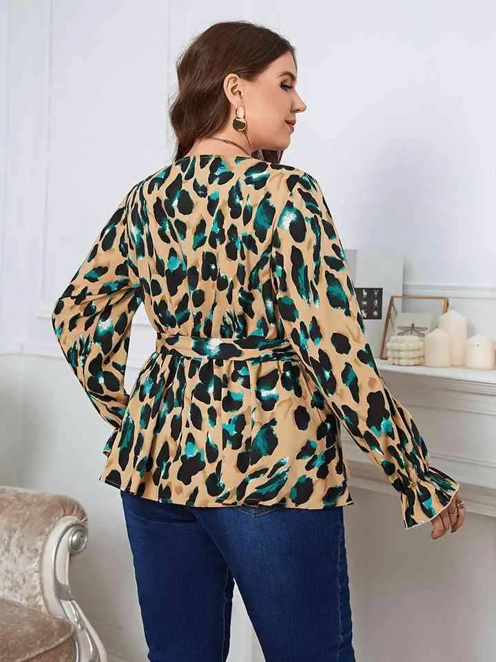 Printed Tie Waist Flounce Sleeve Blouse