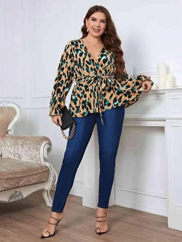 Printed Tie Waist Flounce Sleeve Blouse