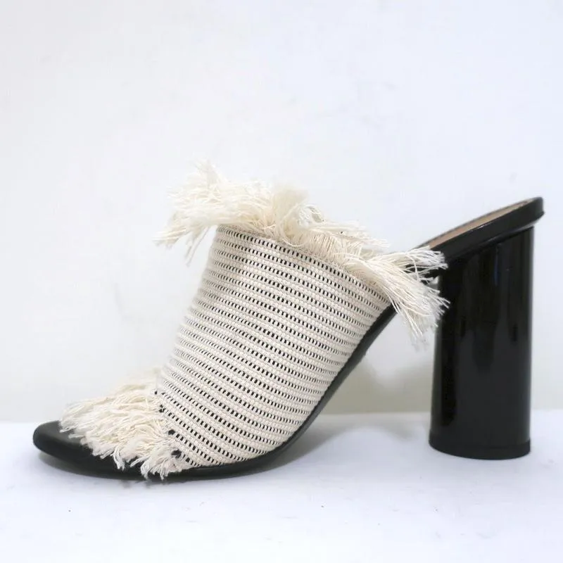 Proenza Schouler Fringed Canvas Mules Cream Size 37 High Heel Sandals