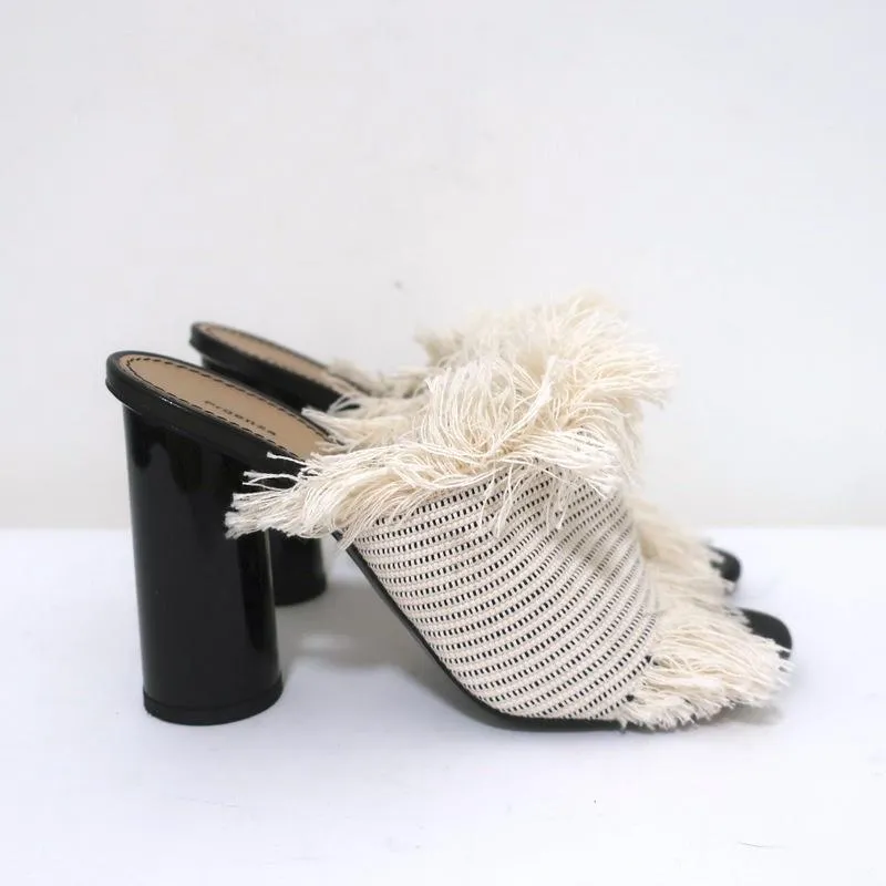 Proenza Schouler Fringed Canvas Mules Cream Size 37 High Heel Sandals