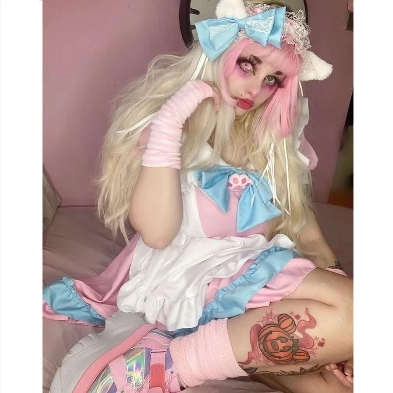 "LOLITA CAT PAW BOW PINK BLUE MAID" OUTFIT DRESS N022406
