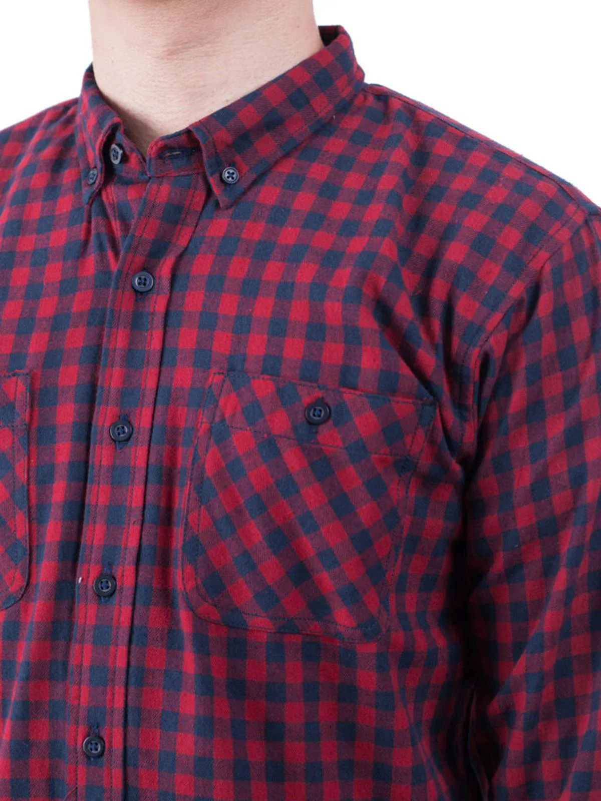 Qutn Button Down Double Pocket LS Red Blue Minicheck Flannel